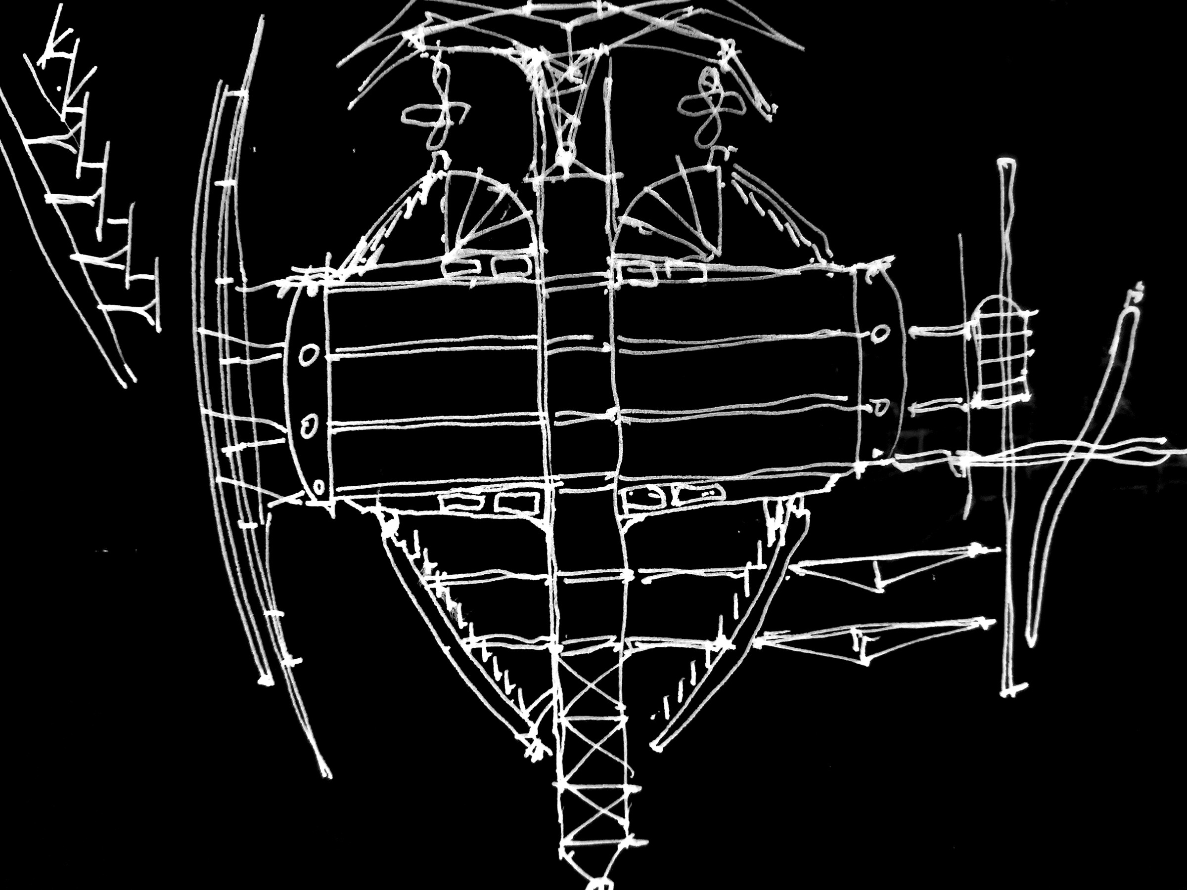 Earthquake Emergency Centre — front elevation sketch, articulated seismic structure
